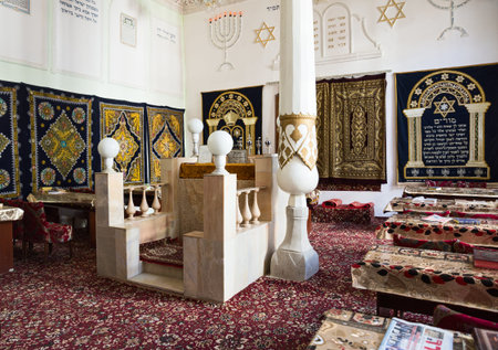 BUKHARA, UZBEKISTAN - OCTOBER 19, 2016: The interior of the very first synagogue in Bukhara, hall of...