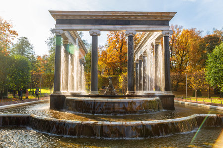 Peterhof, St. Petersburg, Russia - October 06, 2021: Fountain Lion Cascade in the Lower Park of Peterhof illuminated by the sunのeditorial素材