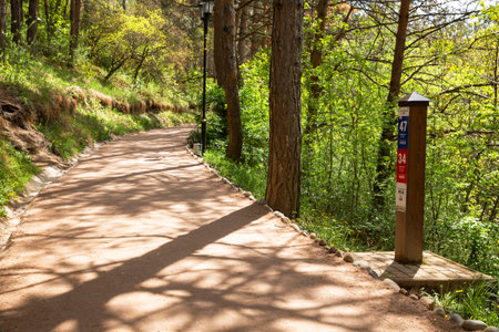 Kislovodsk, Russia - May 09, 2022: Health path station in Kislovodsk National Park. The sign shows the route number, distance traveled, altitude above sea level and the steepness of the climb.のeditorial素材