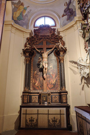 PRAGUE, CZECH REPUBLIC - MARCH 10, 2020: Prague Loreta, Chapel of the Holy Cross with a crucifix