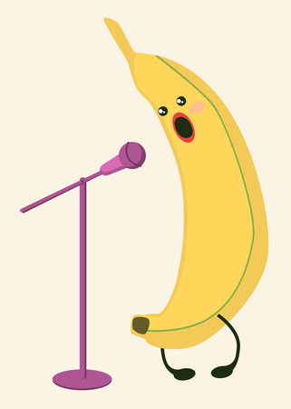 Funny banana singing near the counter with a microphone. Fruits lead an active lifestyle.のイラスト素材