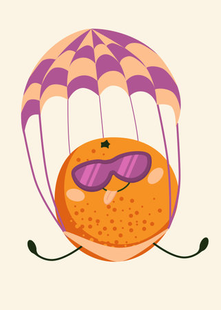 A funny orange jumps with a parachute. Fruits lead an active lifestyle.のイラスト素材