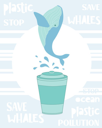 Stop ocean plastic pollution vector illustration. Word Whale Day, World Ocean Day, Earth Day.のイラスト素材