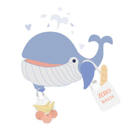 Cartoon whale vector illustration. Protect ocean concept. Cute whale with eco bag and string bag. Word Whale Day, World Ocean Day, Earth Day.のイラスト素材