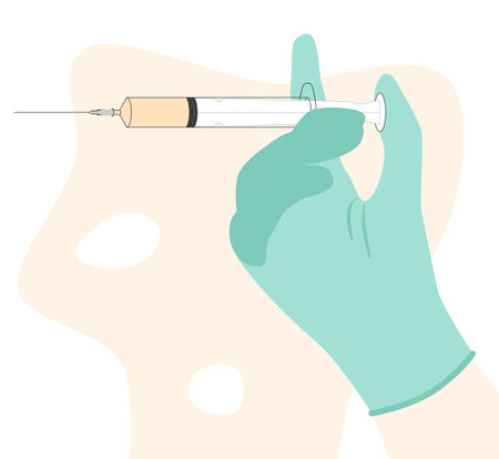 Hand with injection syringe. syringe in hand. Vaccine or insulin injection. Vaccination to prevent illness, disease. invent treatment from novel coronavirus.のイラスト素材