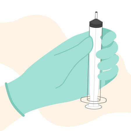 Hand with injection syringe. syringe in hand. Vaccine or insulin injection. Vaccination to prevent illness, disease. invent treatment from novel coronavirus.のイラスト素材