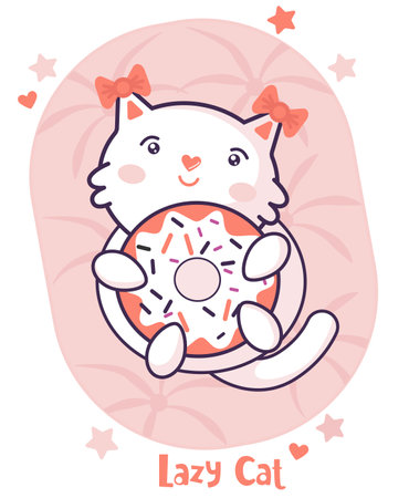 Flat Flying Cat, cartoon. Child vector. Happy summer holiday. Perfect for Nursery kids, greeting card, baby shower girl, fabric design.のイラスト素材