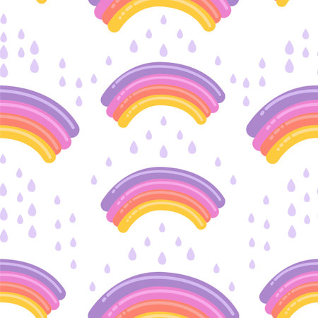 Vector seamless pattern with rainbows and raindropsのイラスト素材