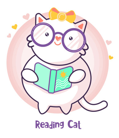 Flat reading cat, cartoon. Child vector. Happy summer holiday. Perfect for Nursery kids, greeting card, baby shower girl, fabric design.のイラスト素材
