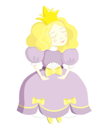 Vector cute illustration of a happy little princess in beautiful dresses and gold crown. Gift postcard, Baby shower, birthday, children's partyのイラスト素材