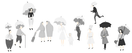 A lot of peoples in the rainのイラスト素材