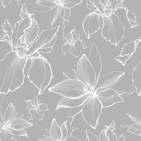 Hand drawn patten with lily and irisのイラスト素材