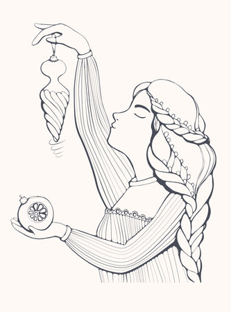 Beautiful girl with Christmas ornaments. Vector. You can print it on cards, mugs and postersのイラスト素材