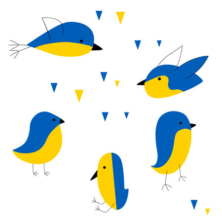 Funny, cute birds. Blue and yellow - are colors of the Ukrainian flagのイラスト素材