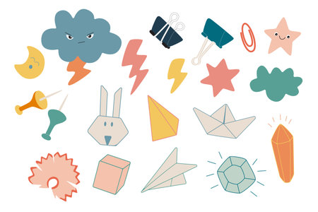 Sketch in notebooks. Paper ship, plane, rabbit.  Binders, buttons, paper clips. Stars, cloud, diamonds. Cute School Supplies. Vector, kawaiiのイラスト素材
