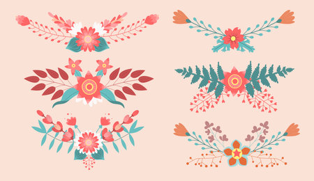 set of Floral Borders. Flower dividers. Design elements for invitations, greeting cards, posters, blogs. Delicate flowers and leaves.のイラスト素材