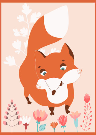 Ready to use design for your notebook. Cute fox. Poster for baby room. Childish print for nursery. Design can be used for fashion t-shirt, greeting card, baby shower...Vector illustration.のイラスト素材