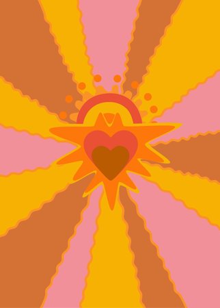 Groovy Hippie 70s Poster with Sun Sloganand Heart. Vector Psychedelic Background Sun Rays in Trendy Retro Cartoon Style for Case Phone, Note Cover, Flyer, Cards, Social media Stories.のイラスト素材
