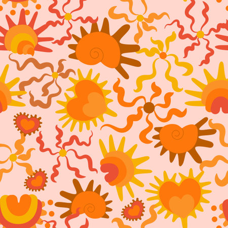 Groovy hippie 1970s background. Funny cartoon shells, rainbow, flower. Seamless pattern in trendy trippy retro cartoon style. Flower power. Hippie 60s, 70s style.のイラスト素材