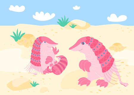 Pink Fairy Armadillo. Chlamyphorus truncatus in natural landscape, wildlife cartoon characters, vector illustration. Unique Animals.のイラスト素材