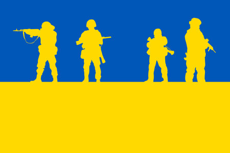 Image of the Ukrainian flag - Blue and yellow. Together with the silhouettes of the Ukrainian military. Day of the Ukrainian flag. Ukrainian Military Man Silhouette Vector Illustrationのイラスト素材