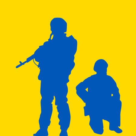 Ukrainian Military Man Silhouette Vector Illustration. Image of the Ukrainian flag - Blue and yellow.のイラスト素材
