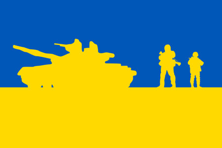 Image of the Ukrainian flag - Blue and yellow. Together with the silhouettes of the Ukrainian military. Day of the Ukrainian flag. Ukrainian Military Man Silhouette Vector Illustrationのイラスト素材