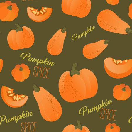 Seamless pattern with pumpkins and lettering Pumpkin Spice. Vector graphics.のイラスト素材
