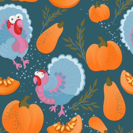 Seamless Thanksgiving  pattern with pumpkins, turkeys and leaves. Fall background. Vector  Thanksgiving wallpaper.のイラスト素材