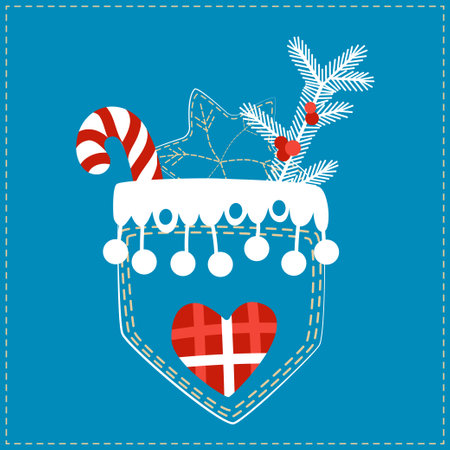 Christmas tree decoration - pocket with Christmas stick and star. The decoration is sewn by hand from jeans, denim. Christmas Denim Collectionのイラスト素材