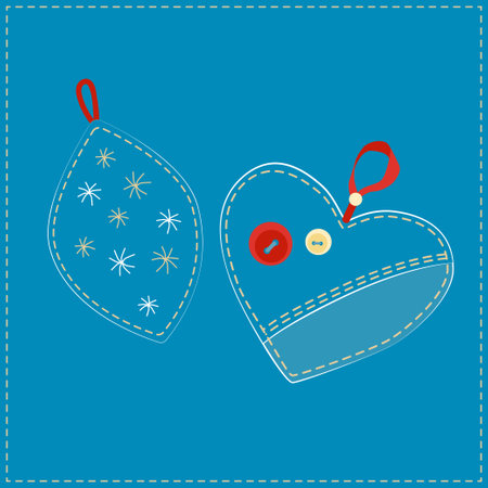 Christmas tree decoration - ball and heart. The decoration is sewn by hand from jeans, denim. Christmas Denim Collectionのイラスト素材