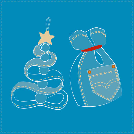 Christmas tree decoration -  a Christmas tree  and a bag of gifts. The decoration is sewn by hand from jeans, denim. Christmas Denim Collectionのイラスト素材