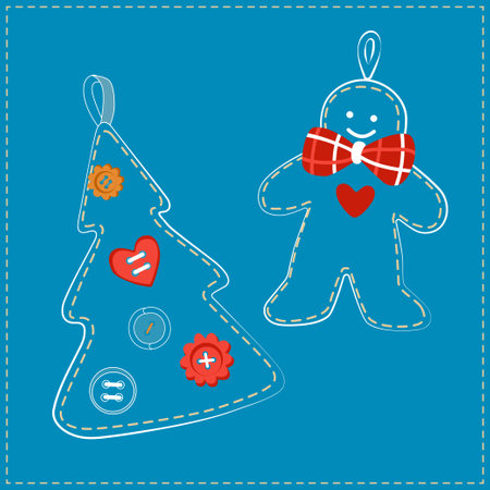 Christmas tree decoration - gingerbread man and Christmas tree. The decoration is sewn by hand from jeans, denim. Christmas Denim Collectionのイラスト素材