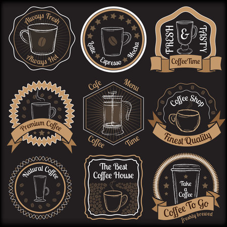 Set of beige coffee badges with cups on black background illustrationのイラスト素材