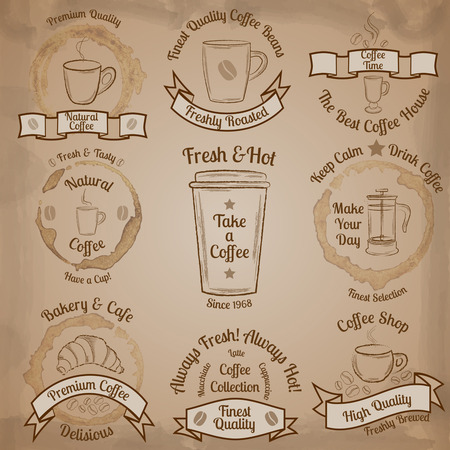 Set of brown vintage coffee badges on beige background illustrationのイラスト素材