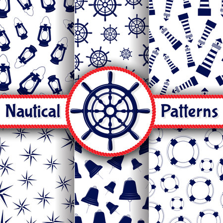 Blue nautical symbols seamless patterns on white background vector illustrationのイラスト素材