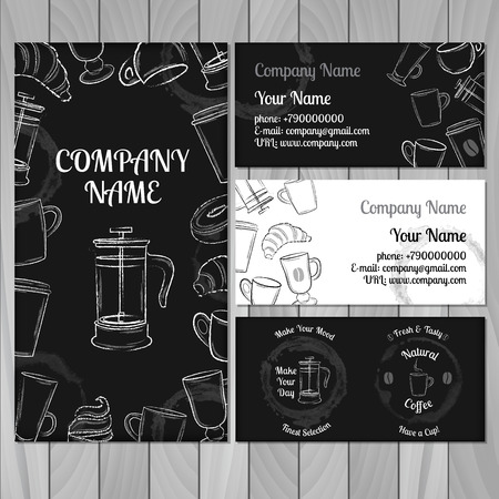 Set of black and white business card with hand drawn coffee cups on grey wooden background vector illustrationのイラスト素材