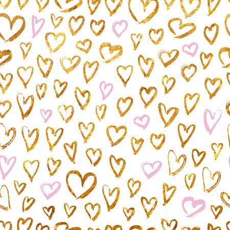Seamless pattern with golden and pink hearts on white background vector illustration. Abstract hand drawn seamless patternのイラスト素材