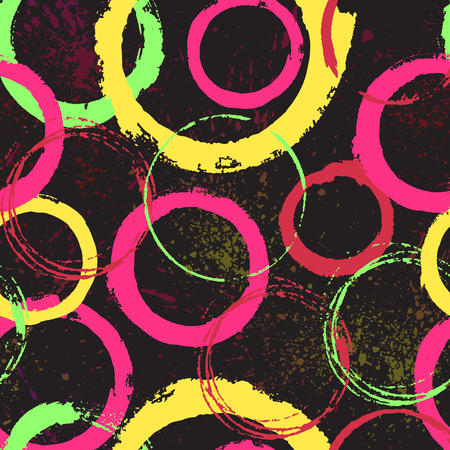 Seamless pattern with grunge colourful circles and splash on dark grey background vector illustration.のイラスト素材