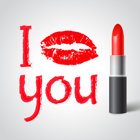 Red lipstick print I KISS YOU with red lips and red lipstick on white background vector illustrationのイラスト素材