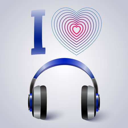 Blue and black headphones with blue and pink heart shape on white background vector illustration. I LOVE MUSIC metaphorのイラスト素材