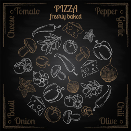 White hand drawn natural ingredients pizza on black background vector illustrationのイラスト素材