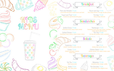 Kids cafe menu brochure template with colorful hand drawn ingredients on white background vector illustrationのイラスト素材
