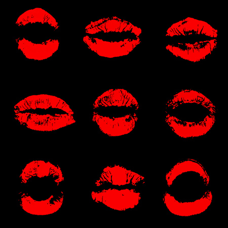Set of red lip prints on isolated black background vector illustrationのイラスト素材