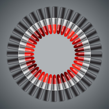 Circle of red realistic lipsticks in black tube with realistic shadow on white background vector illustrationのイラスト素材