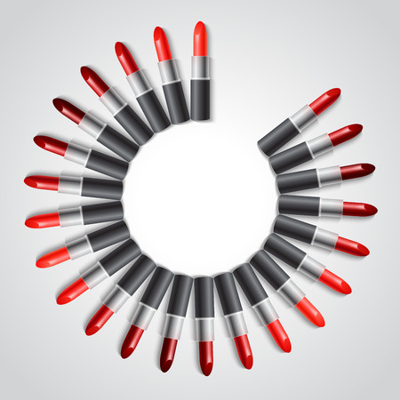 Circle of red realistic lipsticks in black tube with realistic shadow on white background vector illustrationのイラスト素材