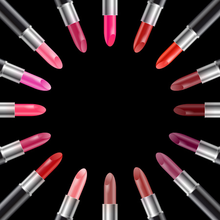 Set of realistic color lipsticks in black tube vector illustrationのイラスト素材