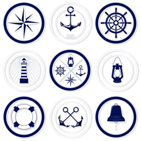 Nautical blue and white round badges with rope frames on white background vector illustrationのイラスト素材