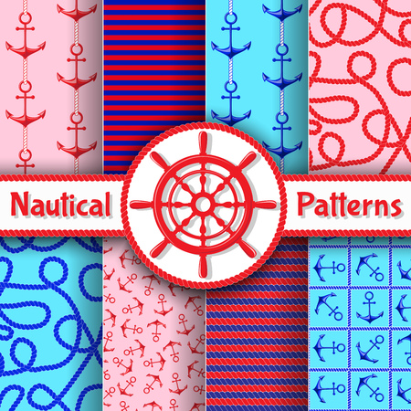 Nautical blue and red seamless patterns set on colorful background vector illustrationのイラスト素材