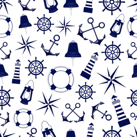 Nautical blue symbols pattern on white background vector illustrationのイラスト素材